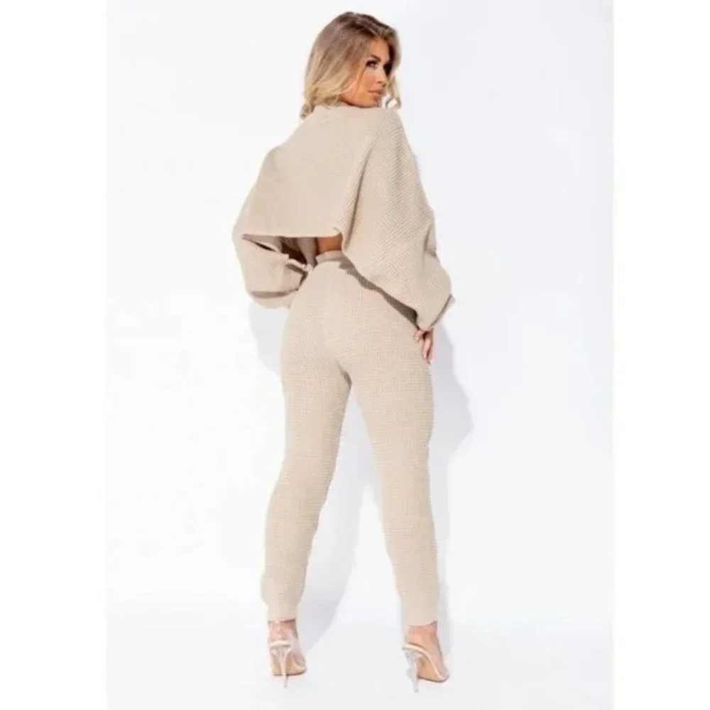 Beige Knitted Long Sleeve Sweater Crop Top and High Waist Pants Two Piece Set - Picture 7 of 17